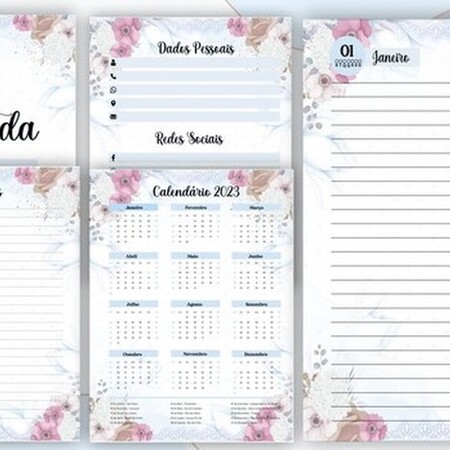 imagem Miolo Agenda Azul com Rosa Floral 2024 – A5 Com e Sem Furação Quadrada