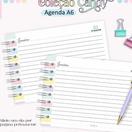 imagem Miolo Agenda Coleção Candy A6 2024 – Horizontal Com e Sem Furação Quadrada